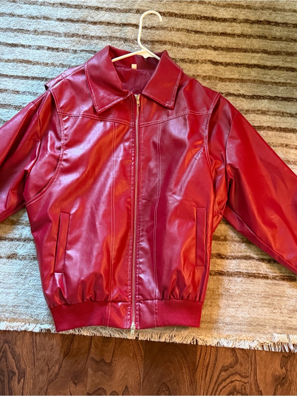 Women's Red Faux Leather Bomber Jacket with Zip Front